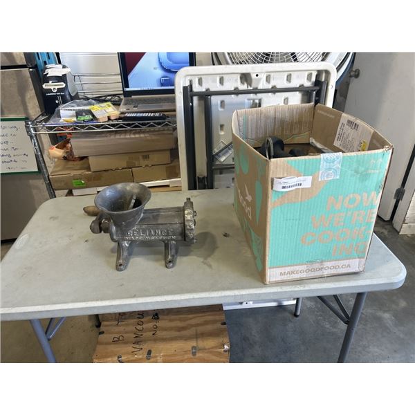 2 10LB WEIGHTS,  VINTAGE MEAT GRINDER AND ASSORTED BASKETS