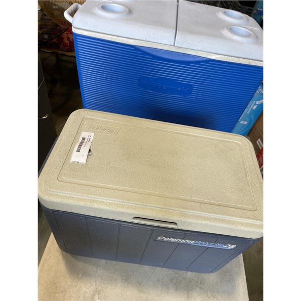 BLUE RUBBERMAID COOLER AND GREY COLEMAN COOLER