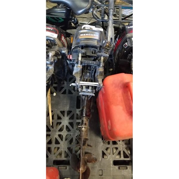 MERCURY 9.8HP OUTBOARD MOTOR WITH GAS TANK, NO HOSE, STARTED UP, MAY NEED SERVICE