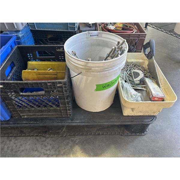 3 CRATES / BUCKETS OF ASSORTED HEAVY DUTY HARDWARE, REDI ROD, AND MORE