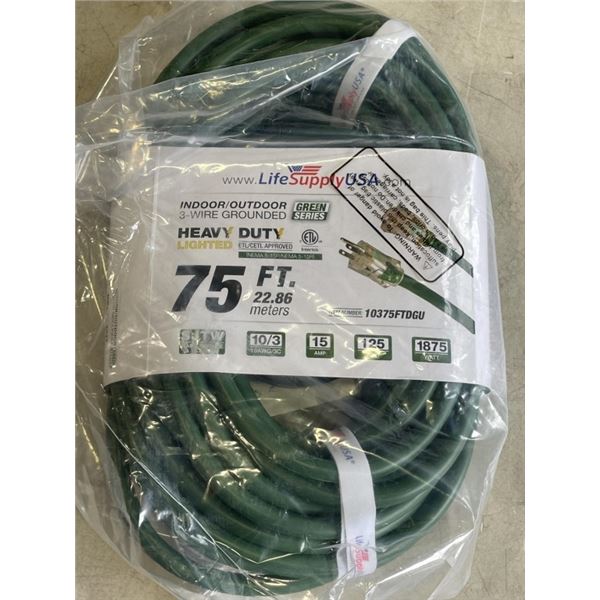 HEAVY DUTY 75 FT GREEN LIGHTED EXTENSION CORD. 10 AWG/3C