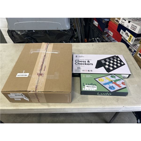 YELLOW MOUNTAIN CHINESE MAHJONG IN SOFT CASE, AND LARGE TRAVEL CHESS & CHECKERS SET, AND LUDO TRAVEL