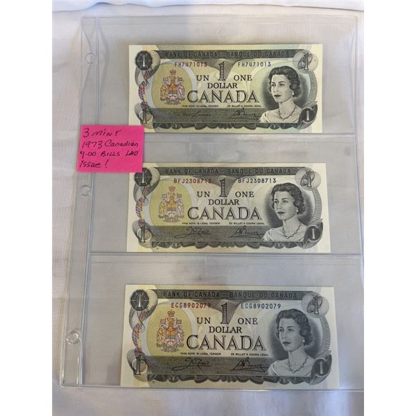 3 MINT 1973 CANADIAN $1 BILLS LAST ISSUE