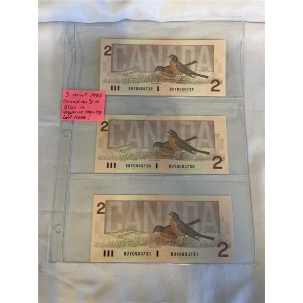 3 MINT 1986 CANADIAN $2 BILLS IN SEQUENCE 729-731 LAST ISSUE