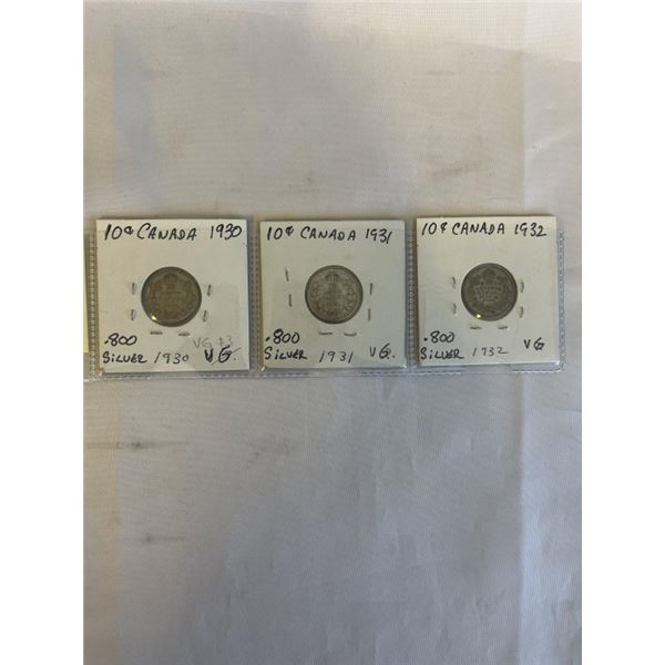 3 CANADIAN 10 CENTS KING GEORGE V LOW MINTAGE .800 SILVER