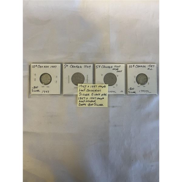 1947 + 1947 MAPLE LEAF CANADIAN SILVER DIMES AND NICKELS .800 SILVER