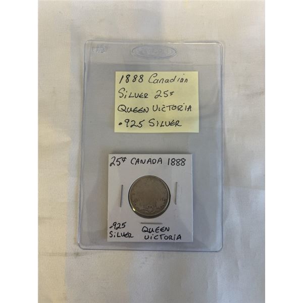 1888 CANADIAN SILVER 25 CENT QUEEN VICTORIA .925 SILVER