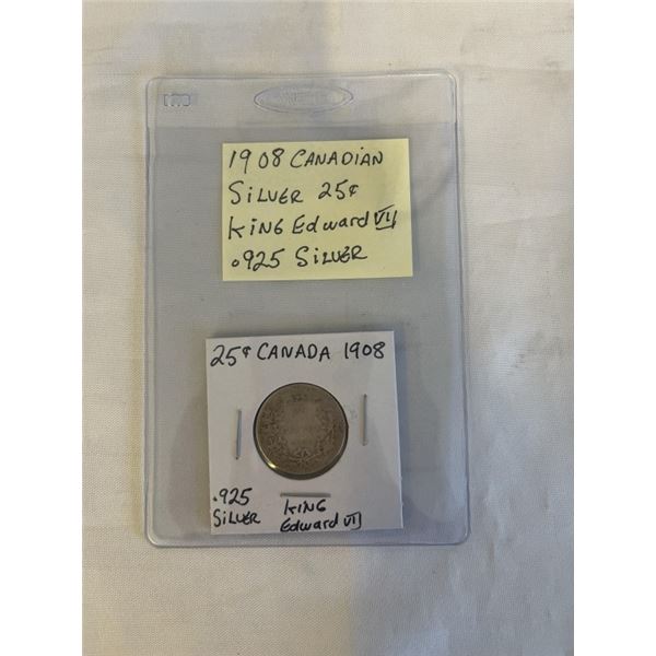 1908 CANADIAN SILVER 25 CENT FIRST KING EDWARD VII .925 SILVER