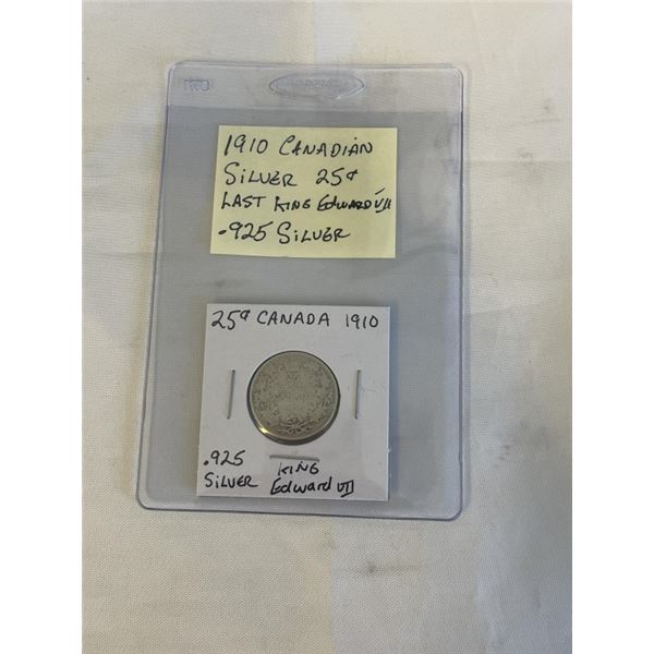 1910 CANADIAN SILVER 25 CENT LAST KING EDWARD VII .925 SILVER