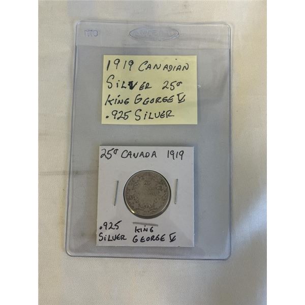 1919 CANADIAN SILVER 25 CENT KING GEORGE V  .925 SILVER
