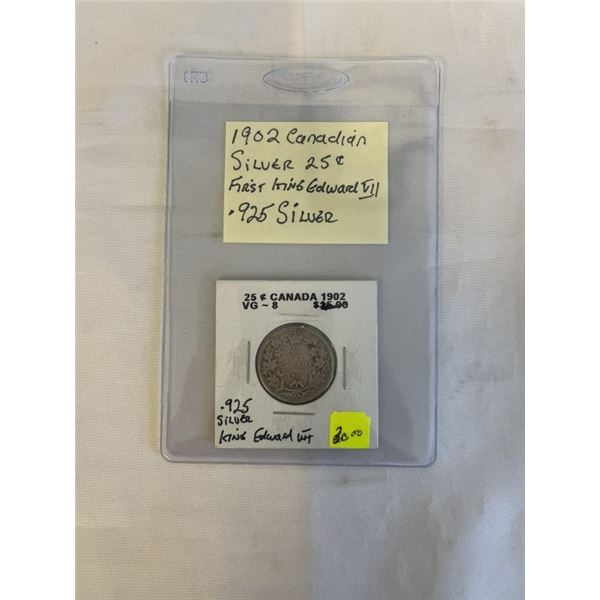 1902 CANADIAN SILVER 25 CENT FIRST KING EDWARD VII .925 SILVER