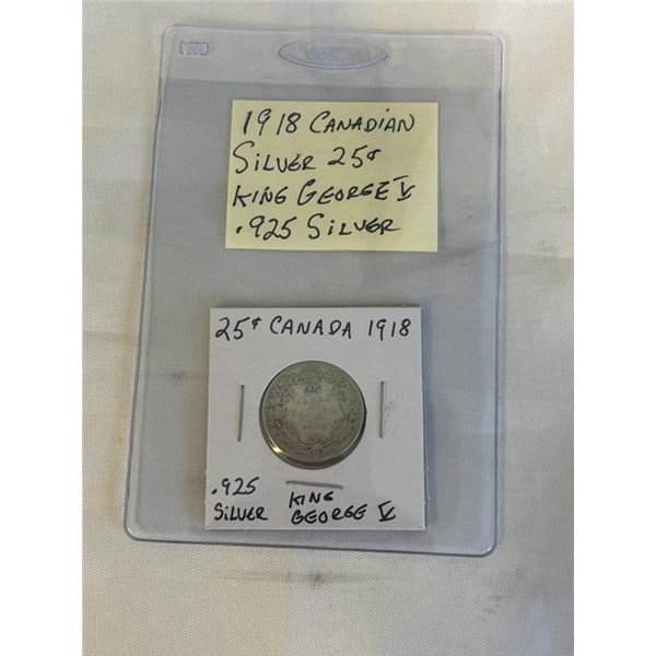 1918 CANADIAN SILVER 25 CENT KING GEORGE V  .925 SILVER