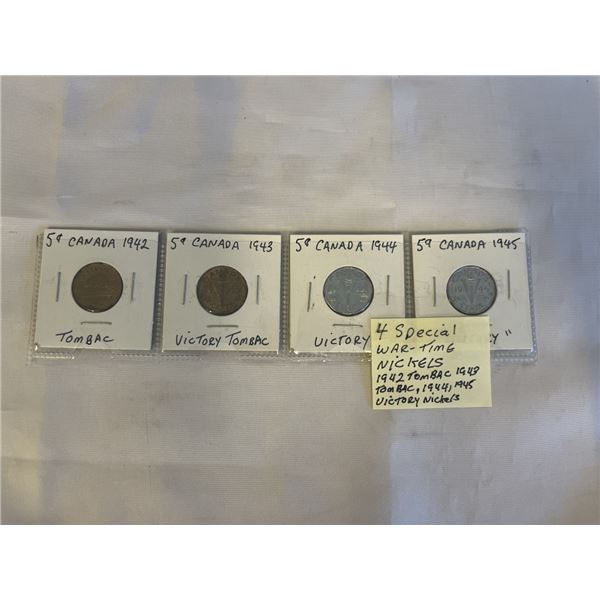 4 SPECIAL WAR TIME NICKELS, 1942 TOMBAC, 1943 VICTORY TOMBAC, 1944, 1945 VICTORY