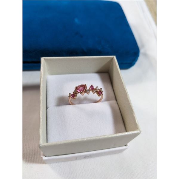 GOLD VERMEIL 925 STERLING SILVER RING, SET W/ PINK AND WHITE STONES