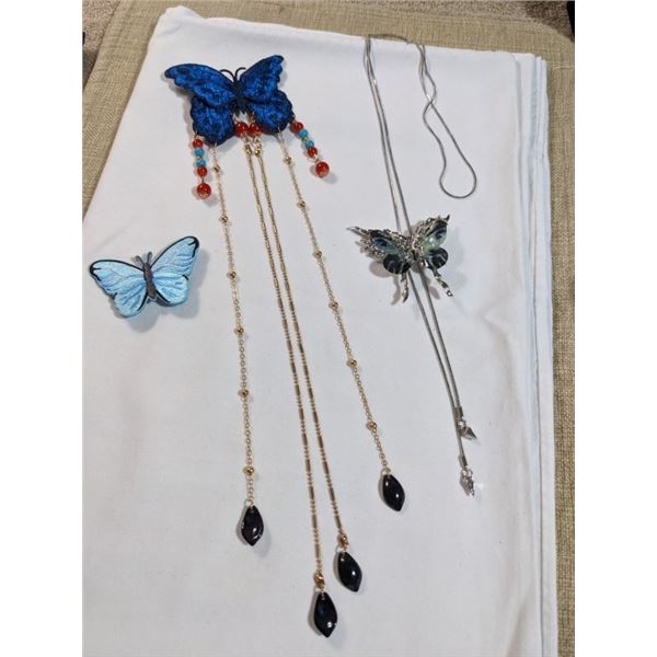 VINTAGE BUTTERFLY NECKLACE, BROOCH AND HAIR BARRETT