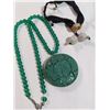 Image 1 : GREEN CINNEBAR PENDANT NECKLACE AND CARVED JADE BRACELET