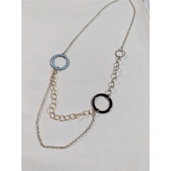 925 STERLING SILVER W/ BLUE AND BLACK ENAMEL LINKS NECKLACE 26" LENGTH