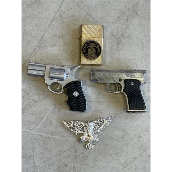 3 BUTANE LIGHTERS AND STERLING ANGEL PIN