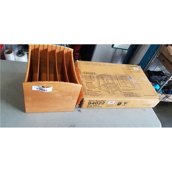 WALNUT FINISH STEP STOOL IN BOX AND SMALL DOCUMENT ORGANIZER