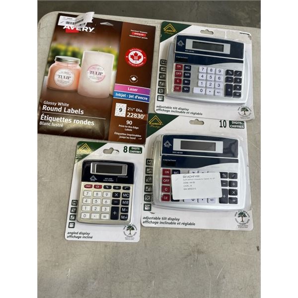 3 AUREX CALCULATORS AND AVERY GLOSSY WHITE ROUND LABELS