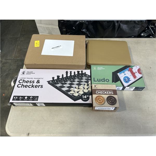 YELLOW MOUNTAIN JAPANESE MAHJONG SET IN SOFT CASE, AND BACKGAMMON SET, AND LARGE CHECKERS & CHESS SE