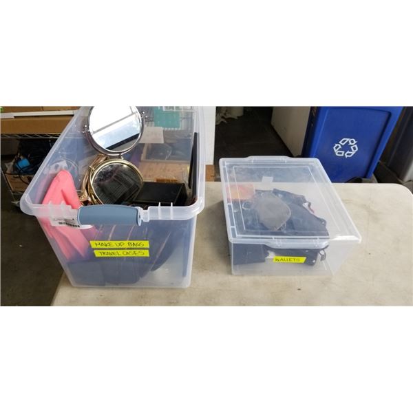 LARGE TOTE OF MAKEUP BAGSM, MIRRORS, WALLTS, ETC