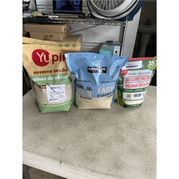 SEALED BAG ALMOND FLOUR, BAG OF SESAME SEEDS, AND BAG OF ZERO CALORIE SWEETENER