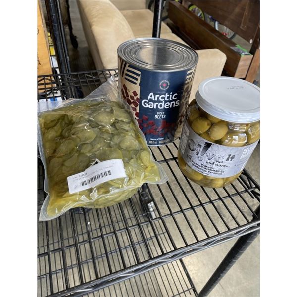 2LTR VERMOUTH SOAK OLIVES, 2.84LTRS DICED BEETS, AND 6KG BREAD AND BUTTER PICKLES
