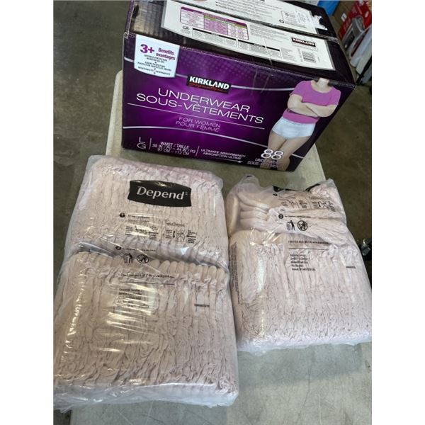2 PACKS LADIES DEPENDS UNDERWEAR AND CASE OF SIZE LARGE LADIES DEPENDS