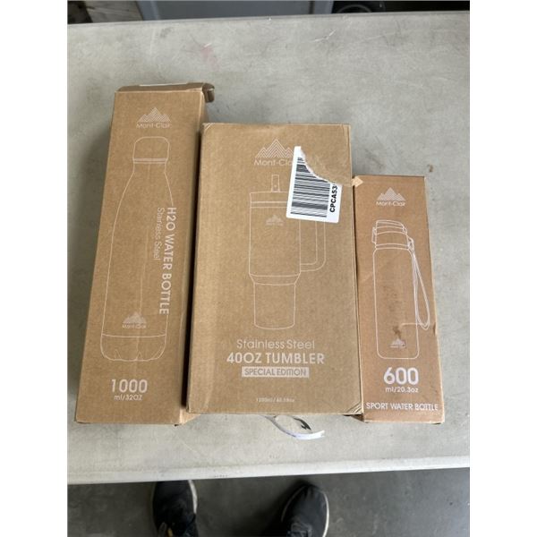 2 MONT-CLAIR STAINLESS STEEL WATER BOTTLES AND A STAINLESS STEEL 40 OZ TUMBLER
