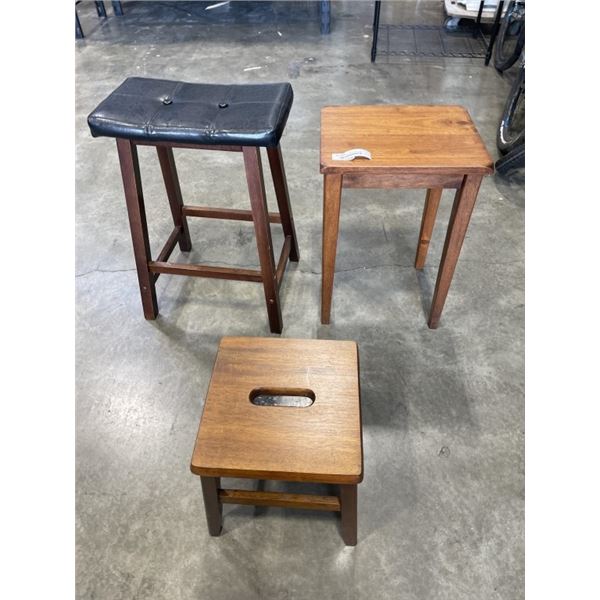 WOOD SIDE TABLE, FOOT STOOL, AND LEATHE BAR STOOL