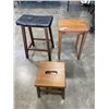 Image 1 : WOOD SIDE TABLE, FOOT STOOL, AND LEATHE BAR STOOL
