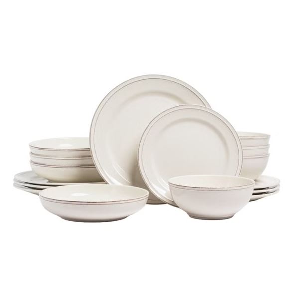 AS NEW OVER AND BACK 16PC DINNERWARE SET IN IVORY, RETAIL $189.99