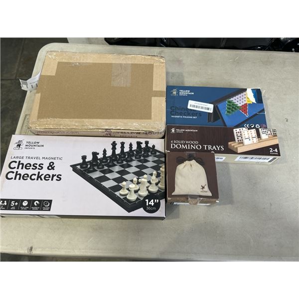 YELLOW MOUNTAIN JAPANESE MAHJONG SET IN SOFT CASE, AND LARGE CHECKERS & CHESS SET, AND CHINESE CHECK