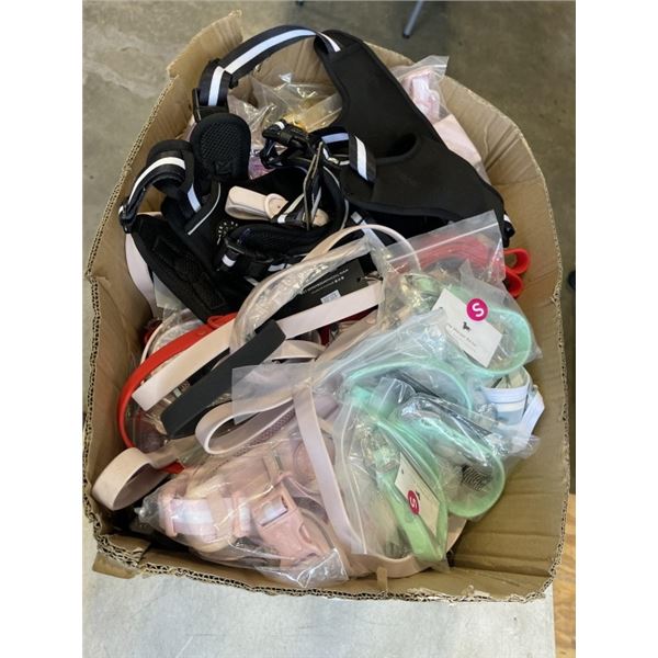 BOX OF NEW THE SHARPER BARKER DOG HARNESSES,  WATERPROOF LEASHES AND COLLARS