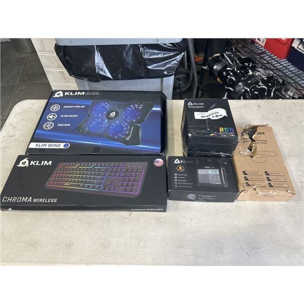 KLIM ITEMS INCLUDING WIND LAPTOP COOLER, CHROMA KEYBOARD, RHAPSODY RGB BACKLIGHT MICROPHONE, KLIM K7