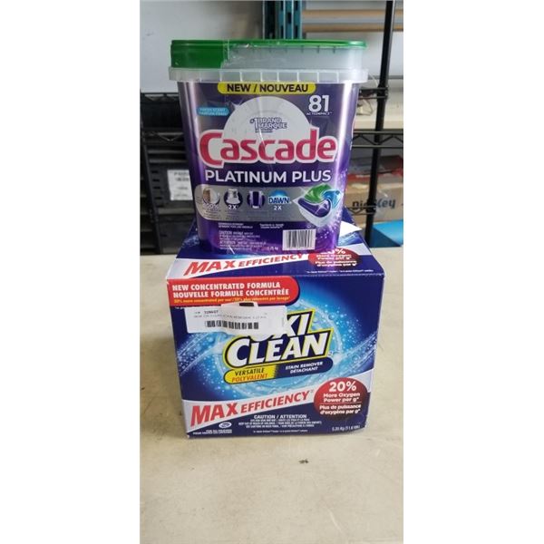 NEW OXI CLEAN STAIN REMOVER. 5.25 KG, AND CASCADE PLATINUM PLUS DISHWASHER DETERGENT ACTIONPACS. A F