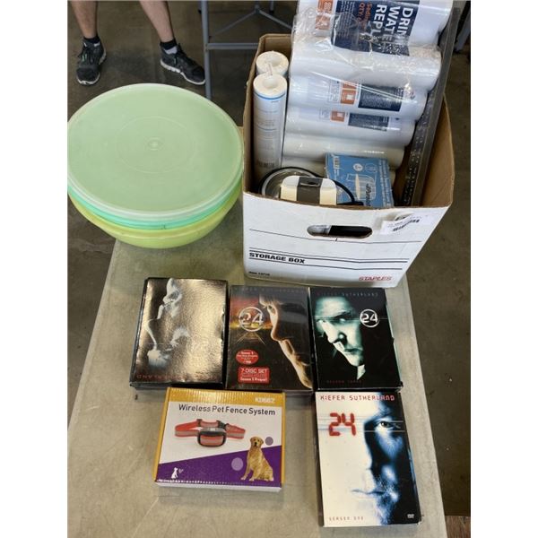 ASSORTED HOUSEHOLD, MOVIE SETS, WATER FILTERS, PLASTIC MIXING BOWLS ETC