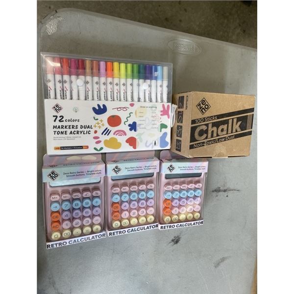 ZENO 72 COLOR MARKERS DUAL TONE ACRYLIC,  3 ZENO RETRO CALCULATORS, AND 100 ZENO CHALK STICKS