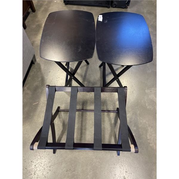 2 BLACK WOODEN FOLDING TV STANDS AND LUGGAGE HOLDER