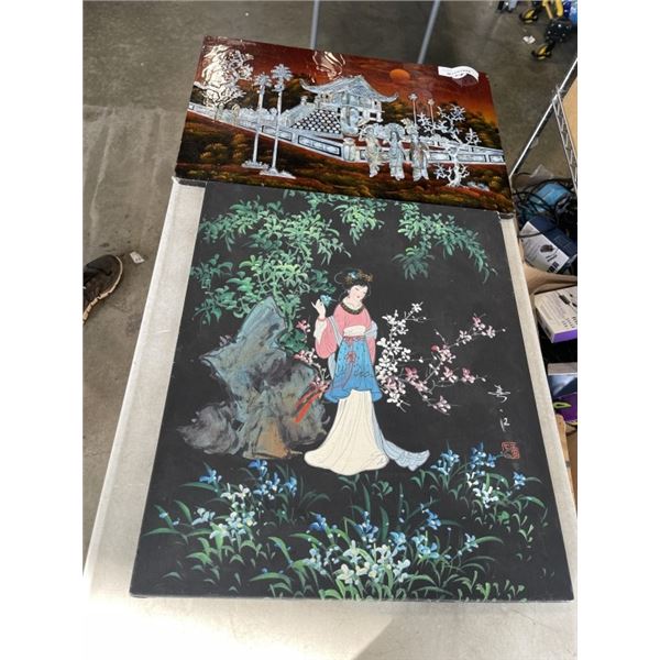 PAINTED CANVAS AND PEARL INLAID WALL HANGING