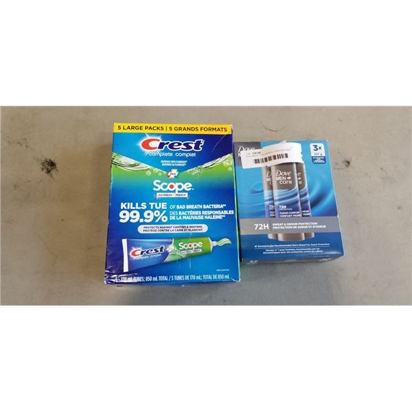 5PK CREST TOOTHPASTE OPEN BOX AND 3PK SEALED DOVE MENS BODY CARE DEODORANT