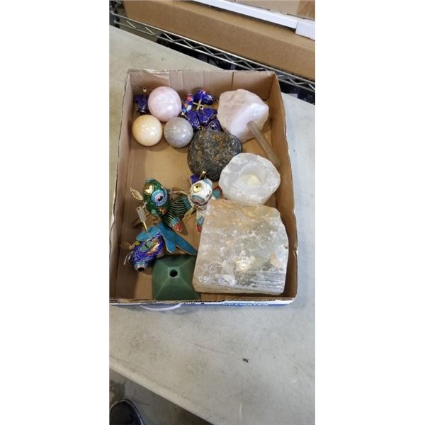 TRAY OF CRYSTAL ROCKS AND CLOISONNE FIGURES