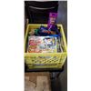 Image 1 : MILK CRATE OF PERFUME BOMBS AND FAN XHY EYEGLASSES PARTY ITEMS INCLUDING EYEGLASSES, MOUTH STICK, GL