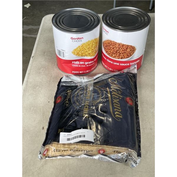 2.84LTR OF BEANS IN TOMATO SAUCE, KERNEL CORN, AND 3000G FETTUCINI NOODLES