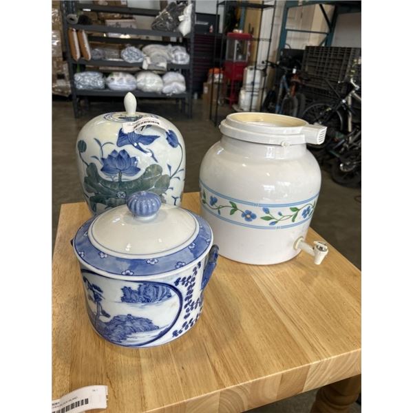 CERAMIC WATER JUG AND 2 LIDDED EASTERN JARS