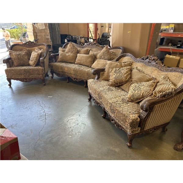 OVERSIZED CARVED 3 PIECE SOFA SET - SOFA, LOVE SEAT, AND ARM CHAIR
