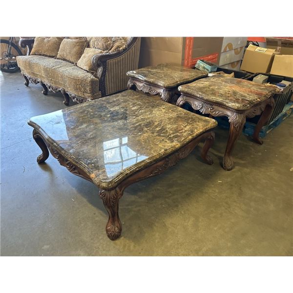 OVERSIZED CARVED COFFEE TABLE AND 2 END TABLE SET W/ STONE TOPS