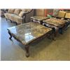 Image 1 : OVERSIZED CARVED COFFEE TABLE AND 2 END TABLE SET W/ STONE TOPS