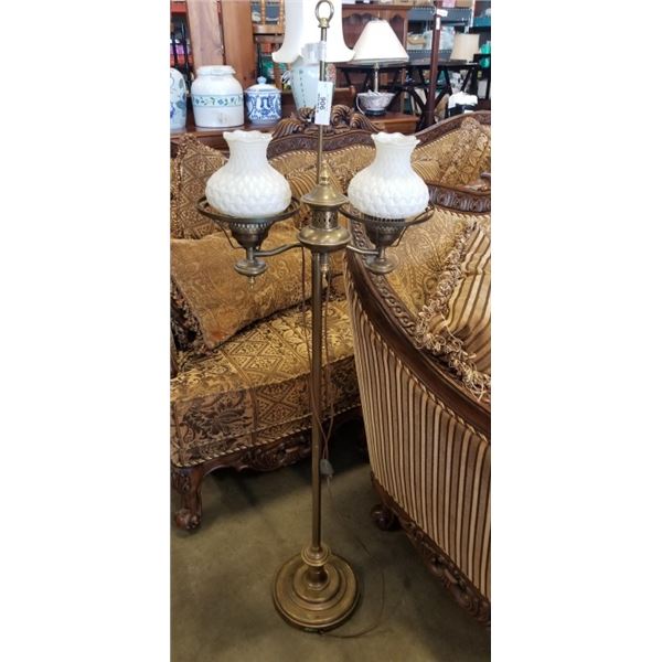 ANTIQUE BRASS FLOOR LAMP W/ 2 MILK GLASS SHADES